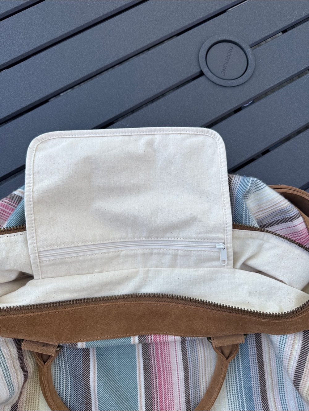 Pottery Barn Suede-Trim Striped Weekender - Tan & Pastel Stripes - Picture 9 of 15